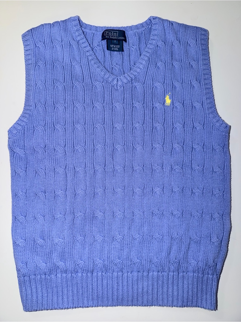 Polo by Ralph Lauren Kids (7) Cable Knit V-Neck Sweater Vest with Yellow Pony